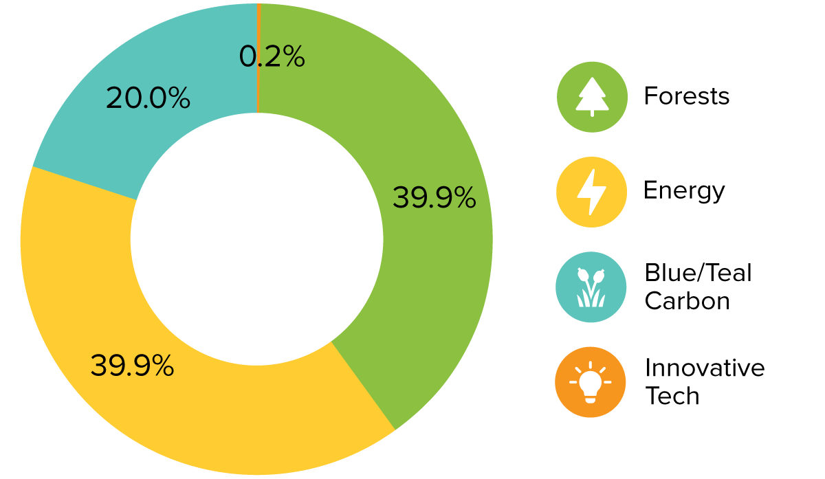 A donut chart that shows the breakdown of Sustainable Travel International's 2023 Q4 Climate Impact Portfolio 