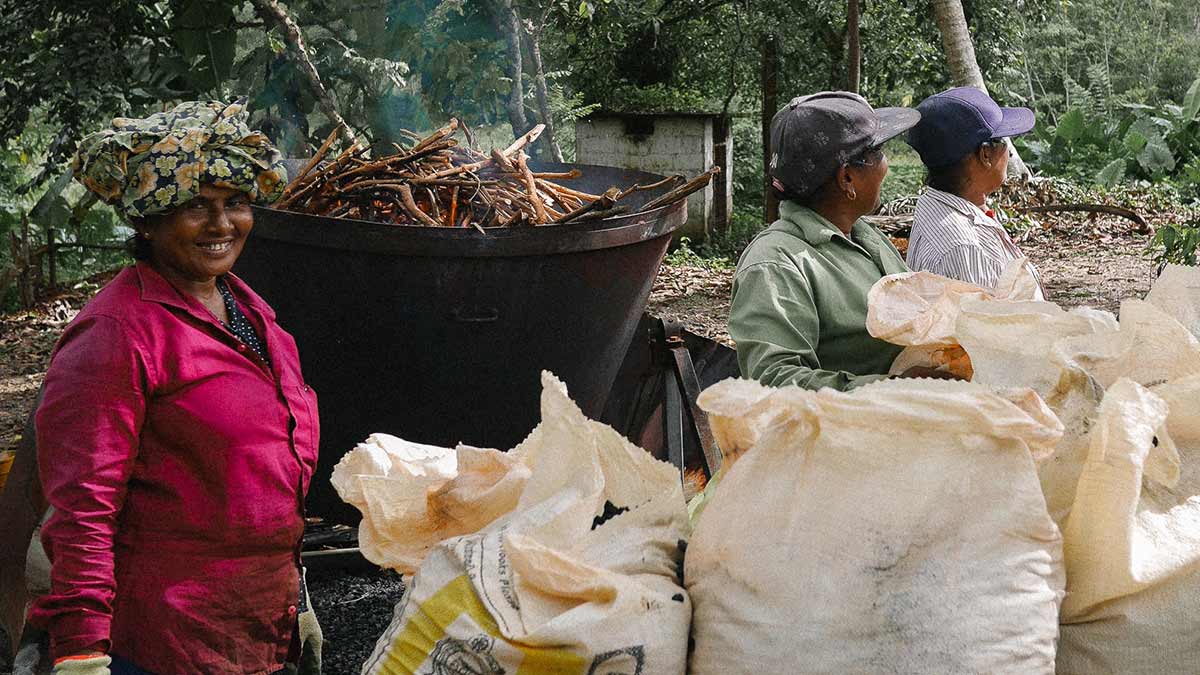Sri Lankan farmers load organic waste into a kiln to create biochar for carbon sequestration. 