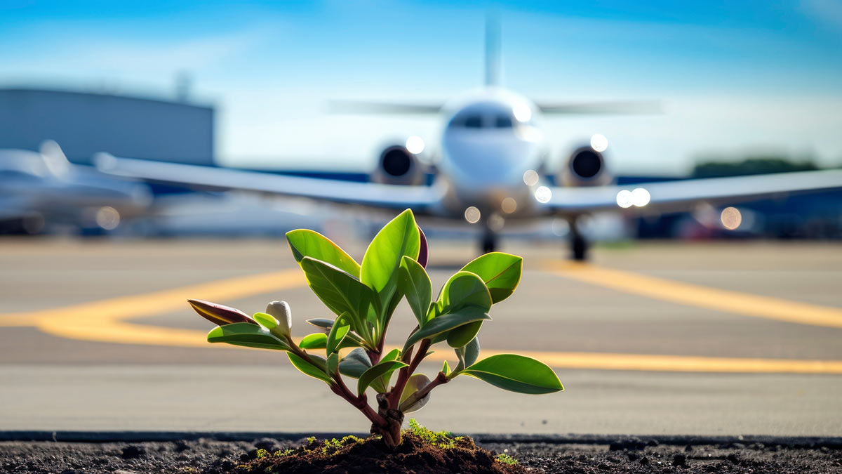 A tree site on a runway at an airport with a private jet behind it. Companies use images like this as a form of greenwashing.