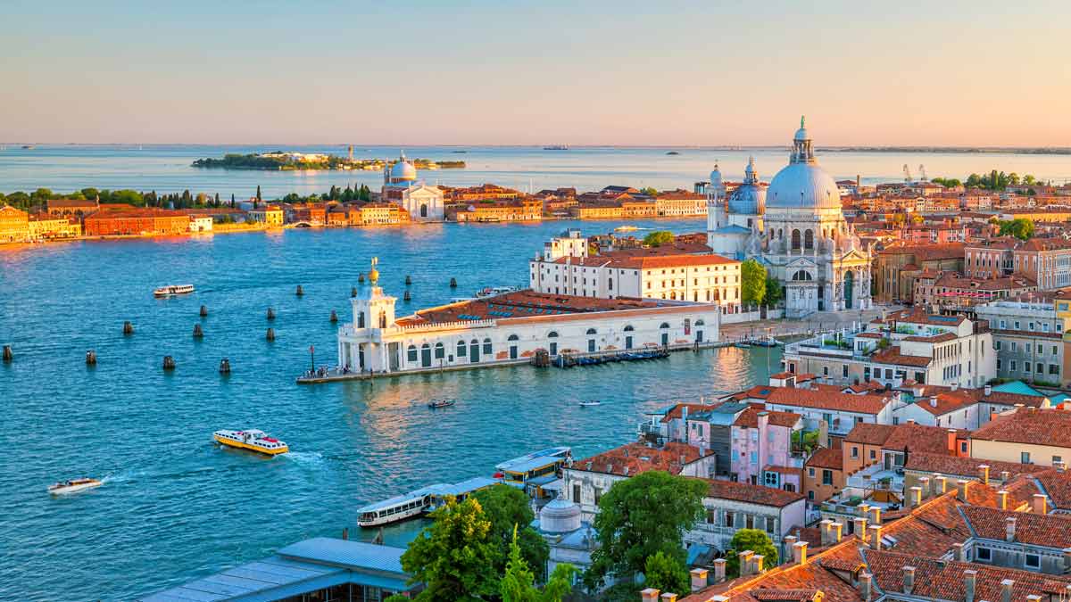 The historic city of Venice, built atop salt marsh wetlands in the lagoon.