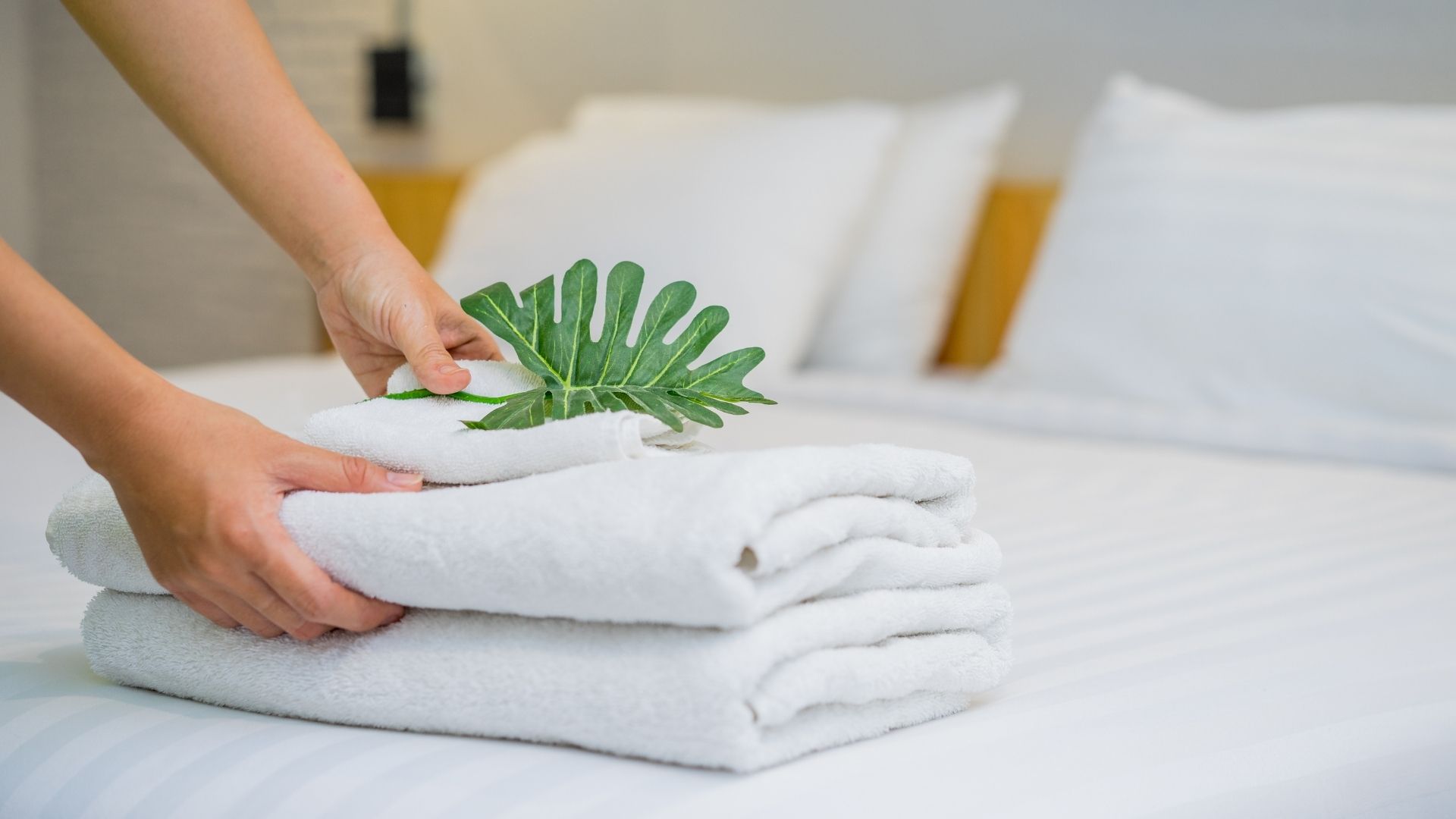 Housekeeping staff in a hotel place a green leaf on top of towels for eco friendly marketing of travel
