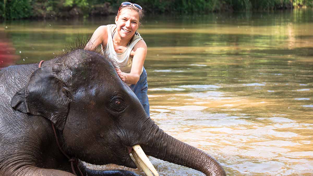 A tourist participating in an unethical elephant bathing experience.