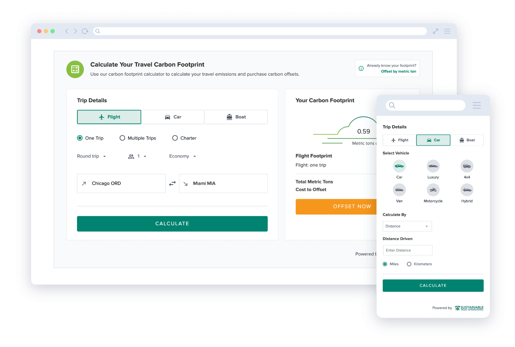 Embeddable carbon footprint calculator mockup for desktop and phone screens