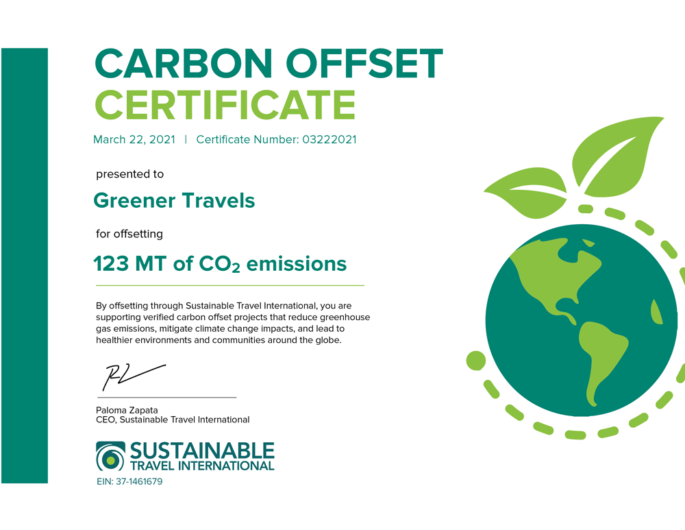 Example carbon offset certificate for a business