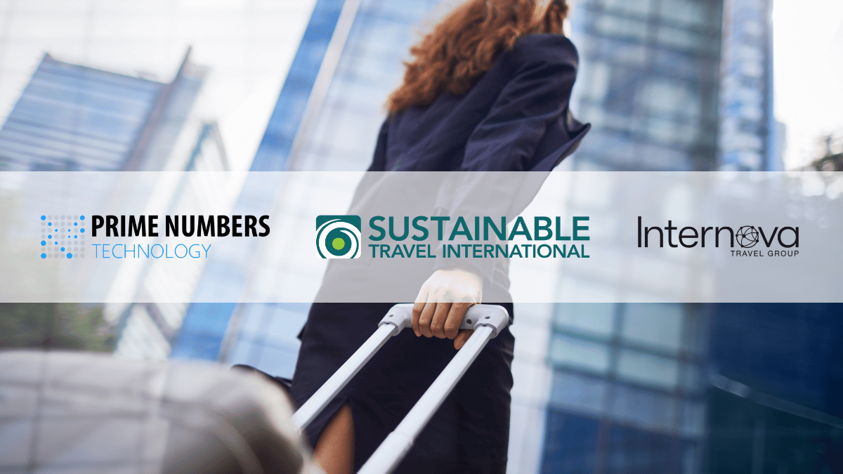 Prime numbers technology, Sustainable Travel International, and Internova Travel Group logos over corporate travel image