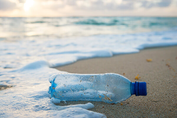 A single use plastic bottle littering a beach