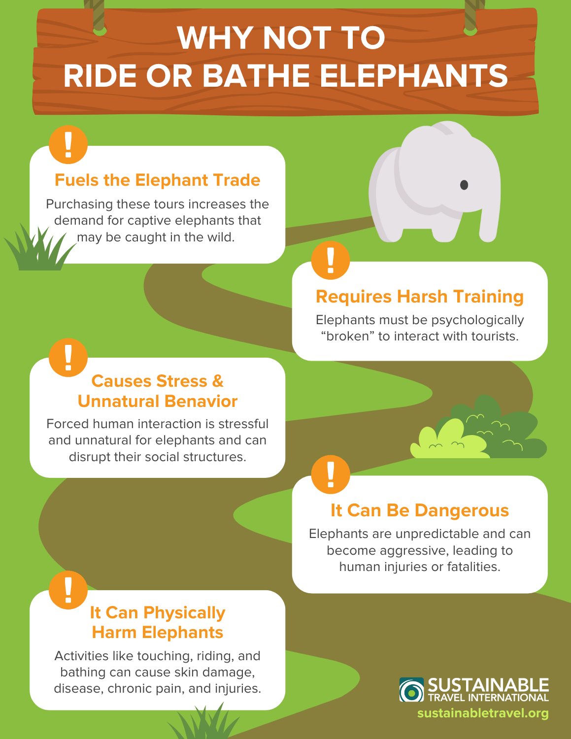 Infographic that shows reasons why tourists should not ride or bathe elephants