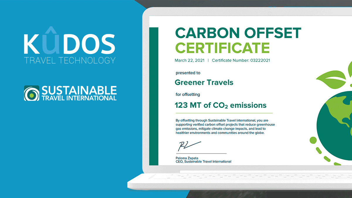 Graphic showing Kuso Travel Technology's carbon offsetting partnership using Sustainable Travel International's Climate Impact API